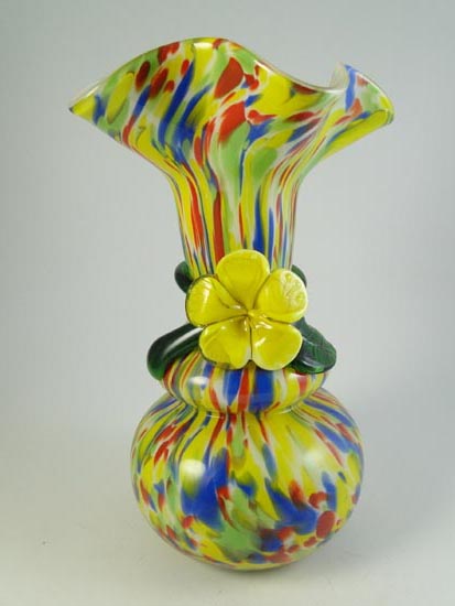   Applied Flower Table Vase End of Day Cased Art Glass Old  
