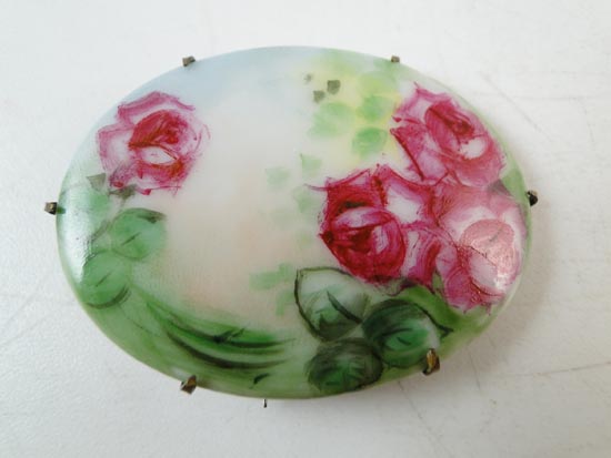   Limoges France Rose Painted Porcelain Insert Brooch Pin Vintage  