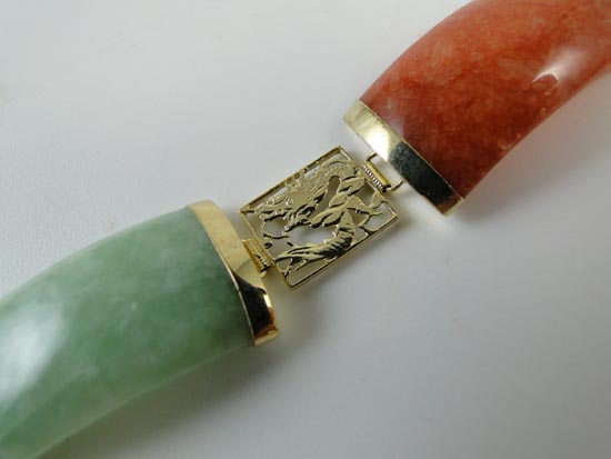 Vintage Chinese White Green Jade Stone 14K Solid Gold Bracelet China 